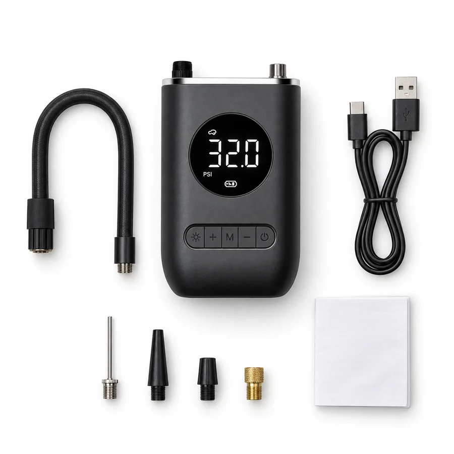 Compressor, cabo USB, mangueira, agulha, bicos e manual incluídos no kit