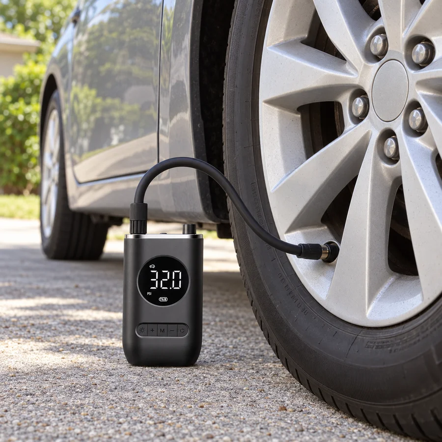 Compressor conectado à válvula de um pneu de carro estacionado